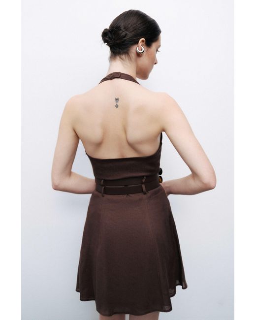 Nocturne Brown Double Belt Detailed Mini Dress
