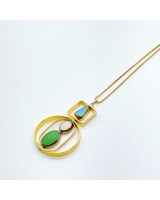 Aracheli Studio Metallic Baby Blue, Beige And Green Vintage German Glass Beads, Art Deco Necklace