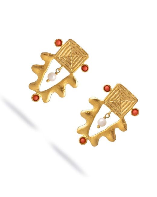 Ebru Jewelry Metallic Isis Charm Coral & Pearl Earrings