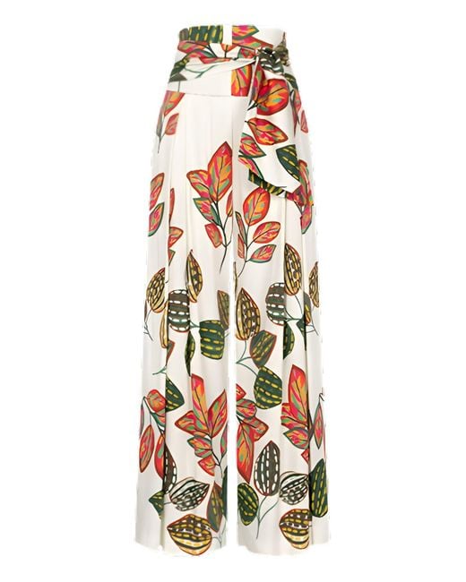 Marianna Déri White Palazzo Pants With Leaf Print And Tie Belt