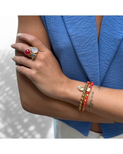 Ebru Jewelry Brown Carnelian Stone Beaded Ra & Elephant Charm Bracelet Set