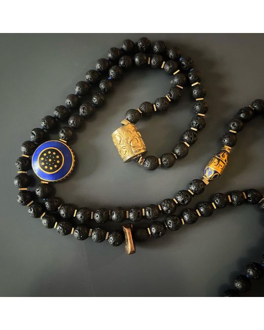 Ebru Jewelry Metallic Nepal Gold & Gemstone Mantra Pendant Black Beaded Spiritual Necklace