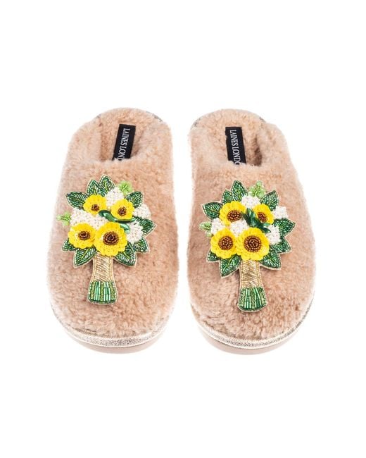Laines London Metallic Neutrals Teddy Closed Toe Slippers With Bouquet Brooches