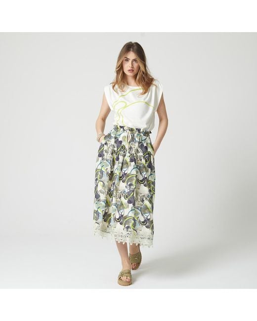 Lalipop Design Green Linen Tiered Drawstring Skirt With Trims Of Lace Appliques