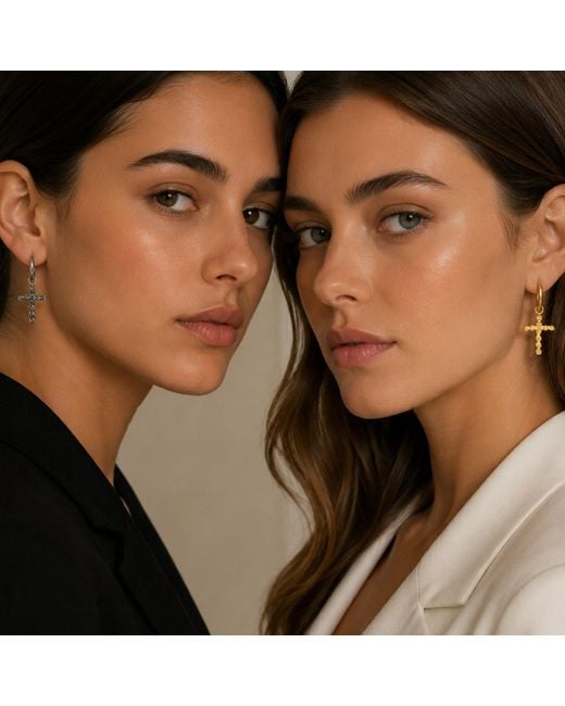 Unaloe Metallic Plated Cross Hoop Earrings – Rose Detail Drop Design – Handmade Italian Jewelry For