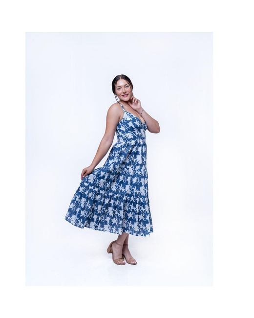 House of Gl Blue Elira Cotton Sweetheart Neckline Midi Dress With Smocked Back