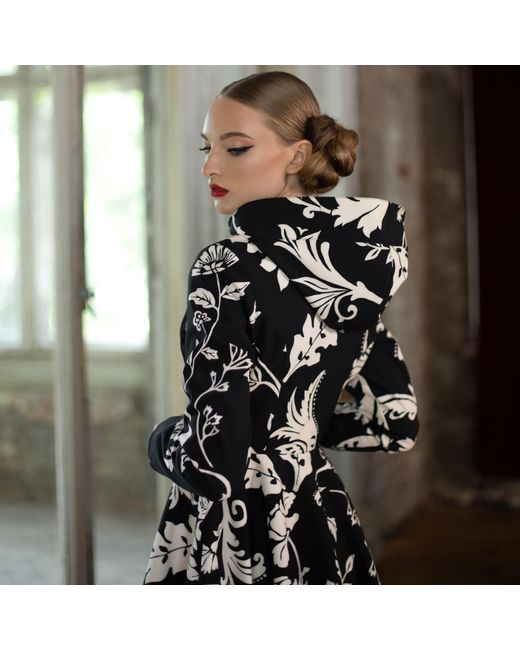 RainSisters Hooded Black And White Waterproof Women's Coat With Floral Print: Blooming Night