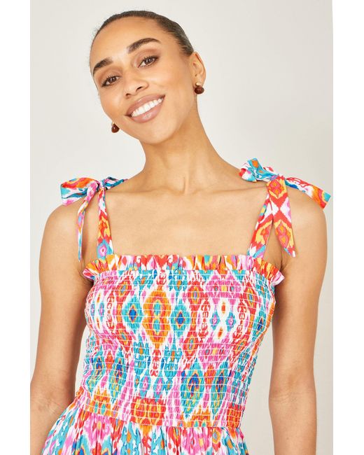 Yumi' Red Multicolour Ikat Print Maxi Viscose Sun Dress