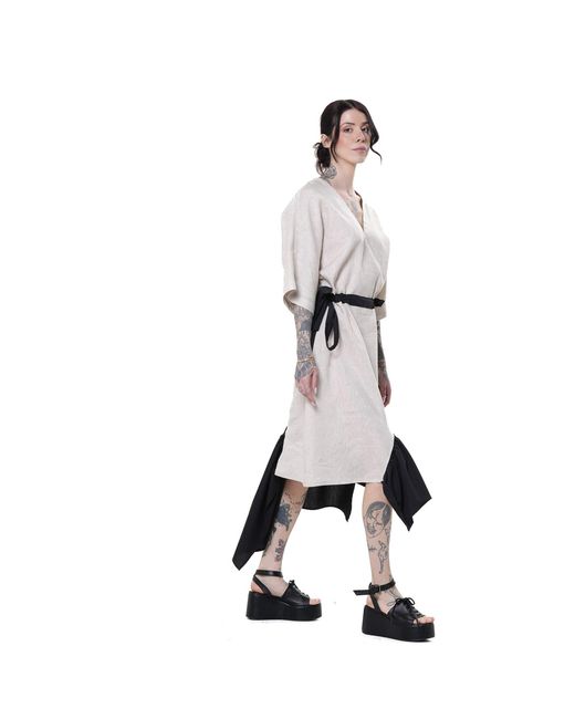 Metamorph White Neutrals V-Neck Linen Midi Dress