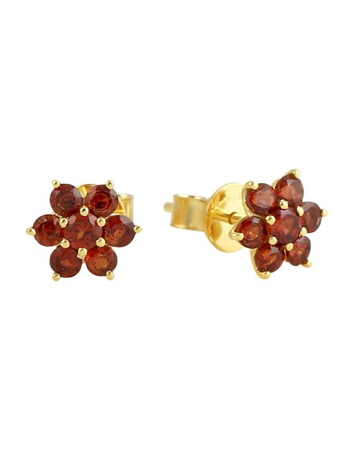 Artisan Orange 10k Yellow Gold In Prong Garnet Gemstone Seven Stone Flower Stud Earrings