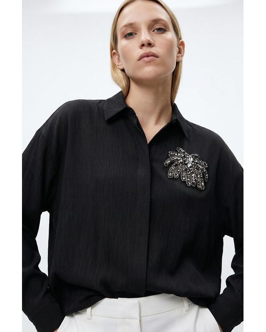 Exquise Black Collared Long Sleeve Embroidered Crinkle Shirt
