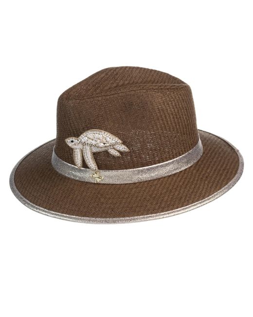 Laines London Brown Straw Woven Hat With Pearl Beaded Turtle