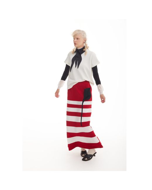 Julia Allert Red Contemporary Striped A-Line Skirt, Floral Detail–