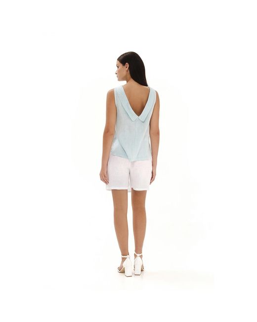 Haris Cotton Blue Boat Neckline Sleeveless Linen Top With Deep V Back Sapphire