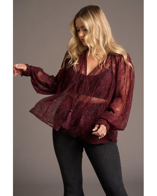 Little Lies Red Rhiannon Burgundy Lace Smock Top