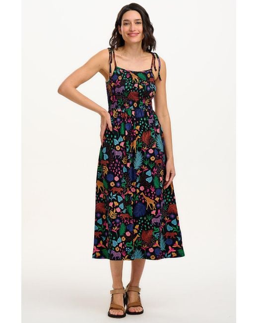 Sugarhill Blue Willa Shirred Jersey Midi Dress, Multi, Jungle Spirit