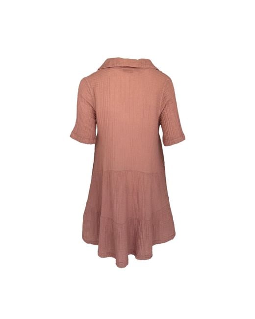 Haris Cotton Pink Mini Textured Cotton Short Sleeved Dress With Front Buttons And Lace Trims Blush
