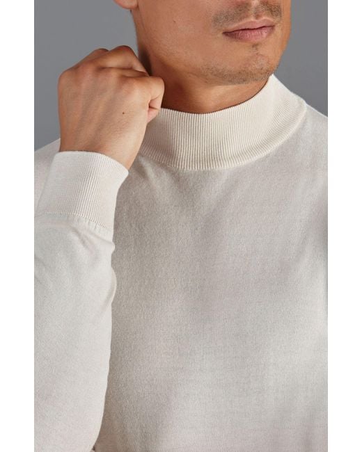 Paul James Knitwear White Neutrals Ultra Fine Cotton Mock Turtle Neck Spencer Jumper for men