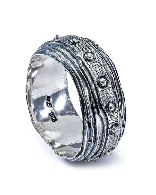 German Kabirski Blue Flumen Oxidized Thin Ring With Layered Texture And Rivet Details for men