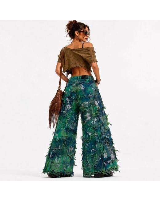 Zasta Studio Green Wearable Ruins Shredded Wide Leg Colored Denim Pants C