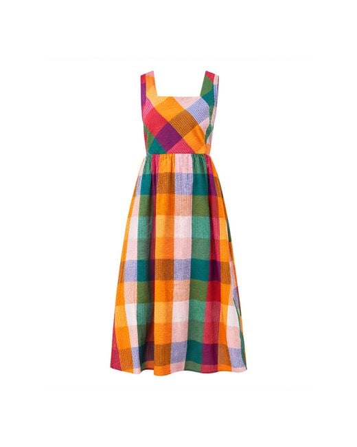 Yumi' Orange Multicolour Seersucker Cotton Midi Sun Dress