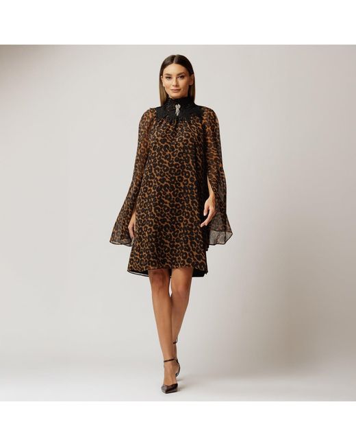 concept A trois Brown Leopard Midi Dress With Wide Sleeves