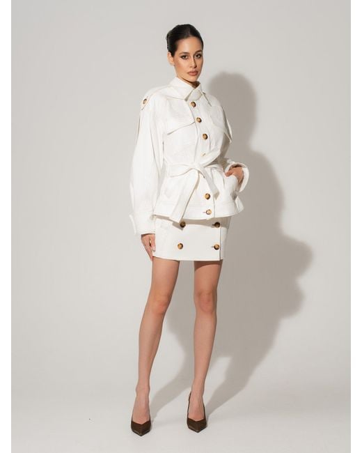 Tia Dorraine White Oversized Belted Trench Jacket & Mini Skirt Set