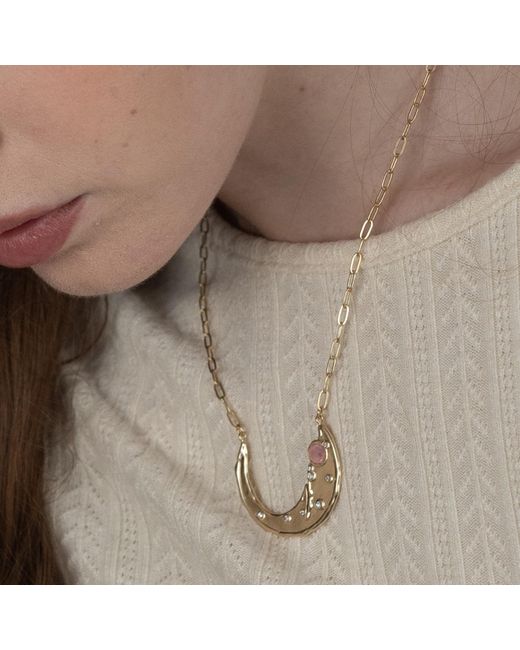 Rare Matters Jewelry Metallic Stellar Arc Crescent Strawberry Quartz Necklace