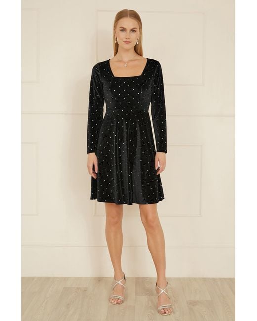 Yumi' Black Skater Dress With Diamantes & Long Sleeve