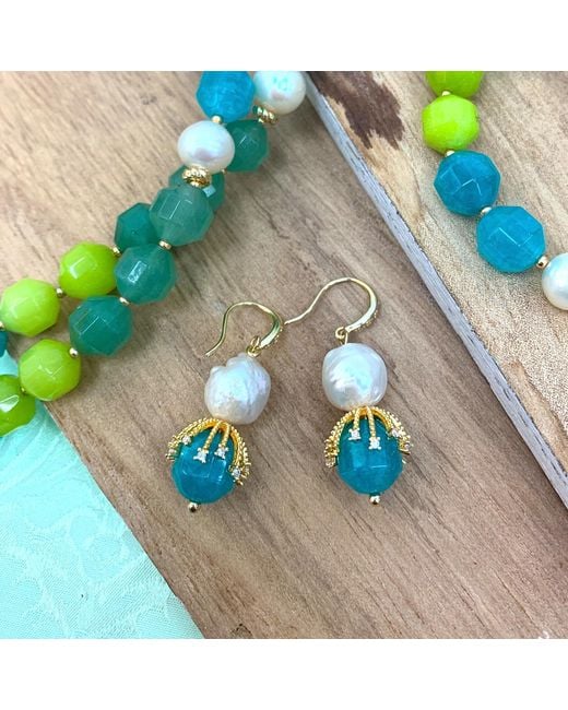 Farra Blue Freshwater Pearls With Jade Dangle Hook Earrings