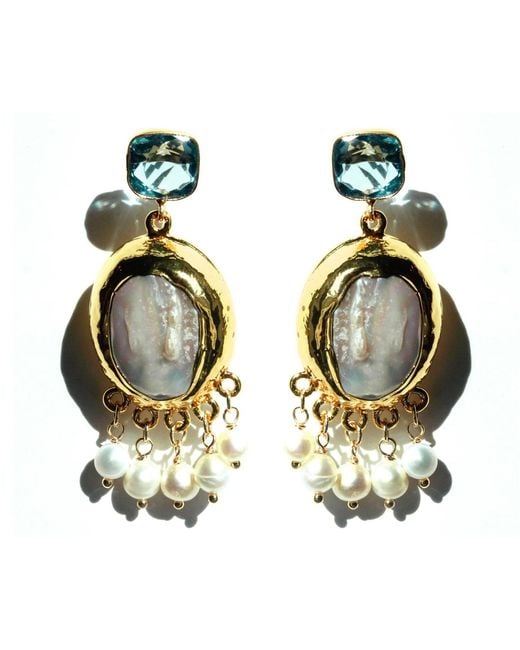 Edgar Navarro Jewelry Metallic Navarro Aquamarine Earrings With Baroque Pearl Pendants