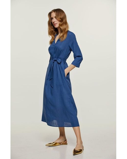 Conquista Blue Linen Style Midi Dress With Belt