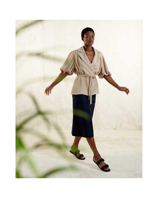 Femponiq Natural Draped Puff Sleeve Tailored Blouse