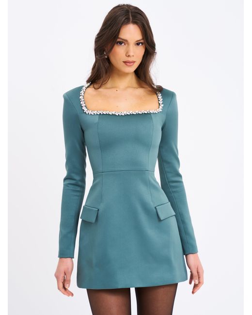 Miss Circle New York Blue Gabella Dark Long Sleeve A-Line Mini Dress With Crystal Trim