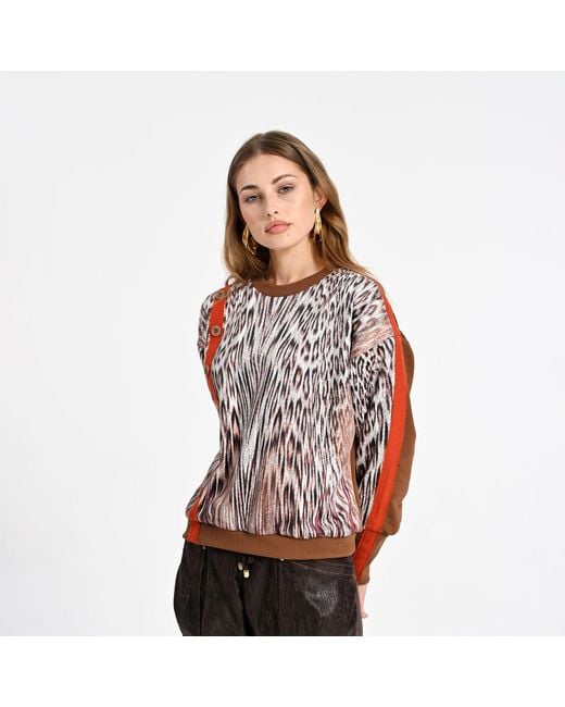 Lalipop Design Brown Animal Print Knit Sweatshirt With Button Detail