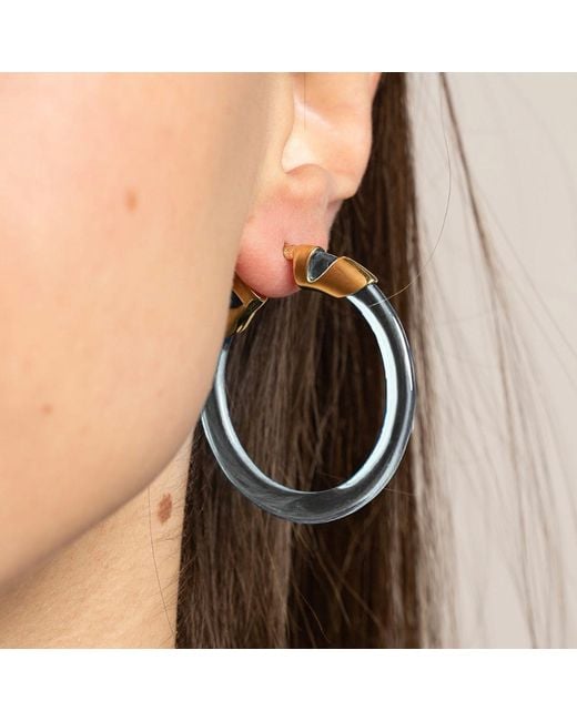 Gold & Honey Blue Diamond Classic Flat Lucite Birthstone Hoop Earrings