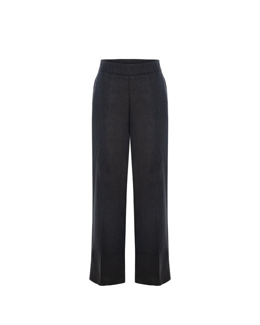 Women & Women Blue Linen Palazzo Pants With Double-Fold Hem