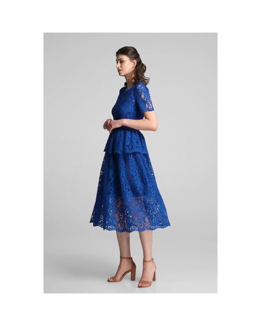 Rumour London Blue Lucia Lace Midi Dress With Peplum