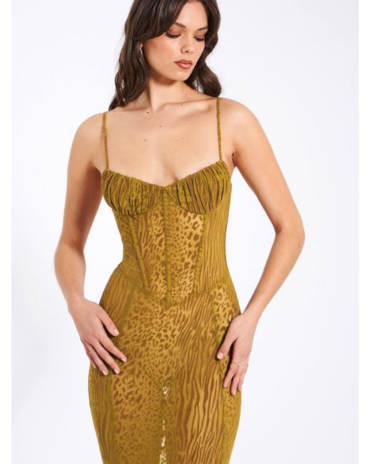 Miss Circle New York Green Ulani Burnout Velvet Detail Mesh Maxi Dress