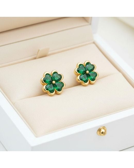 Seven Saints Green Four Leaf Clover Heart Stud Earrings