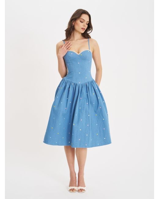 Miss Circle New York Blue Zadie Cotton Denim Drop Waist Embroidery Flower Midi Dress