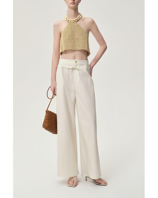 FRONT ROW SHOP Natural Neutrals Ibiza Double Waist Trousers Ivory