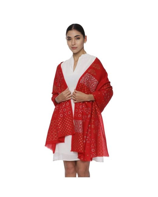 Heritagemoda Red Handwoven Wool Scarf With Metallic Block Print