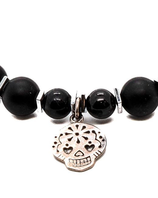 Ebru Jewelry Black Sterling Sugar Skull Charm Onyx Stone Beaded Bracelet