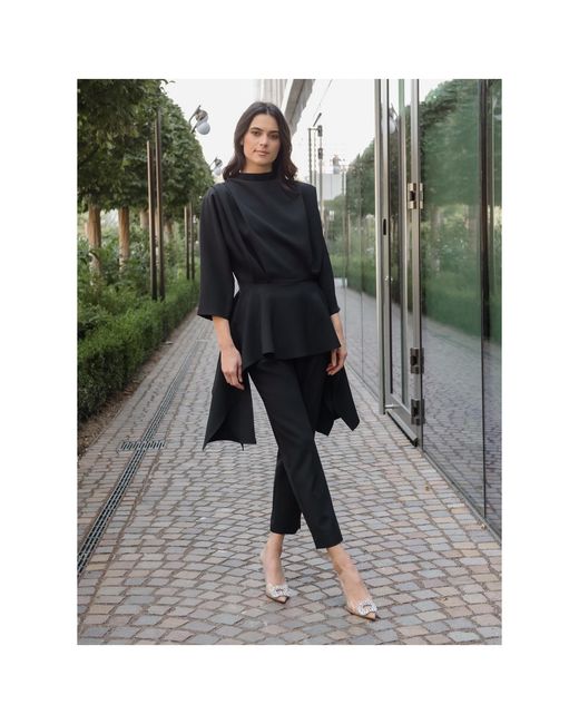 concept A trois Black Elegant Top With Peplum And Pleats With Sequined Details