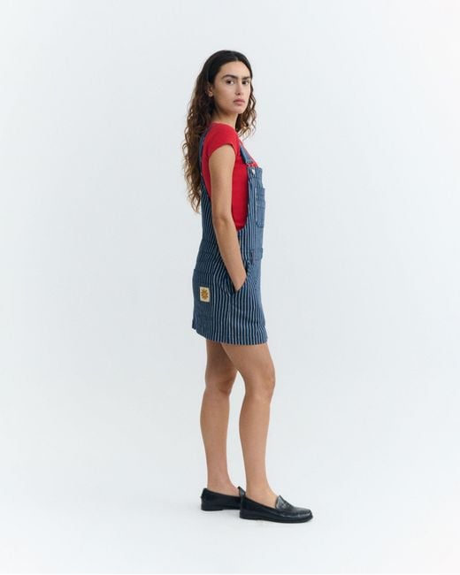 Thinking Mu Blue Short Dress Pichi Stripes Natural Dye Railway Rafaela