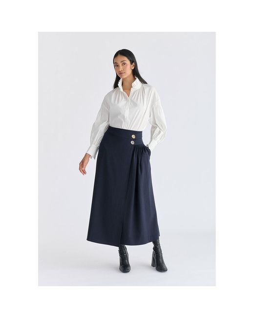 Paisie Blue Wrap Midi Skirt With Pleated Detail