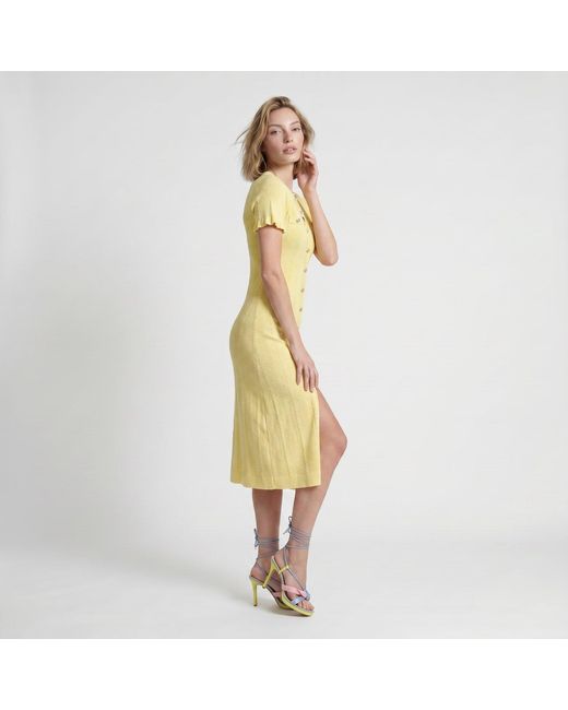Modenaire Metallic Button Front Knit Midi Dress With Short Sleeves And Textured Detail