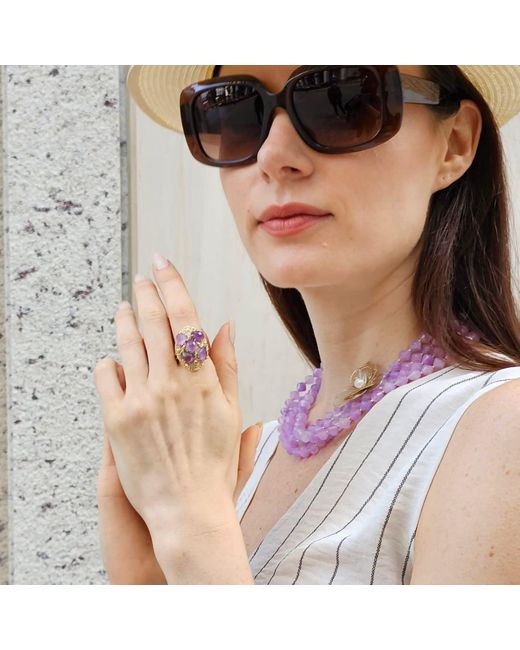 Farra Purple Multi-Layers Jade With Flower Charm Necklace