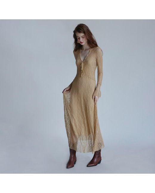 Belsize25 Natural Neutrals Trumpet Dress Flared Sleeve Knit Lace Sheer Tie Dress